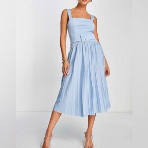 NWT ASOS Design Baby Blue Square Neck Pleated Belted Midi Dress size 10